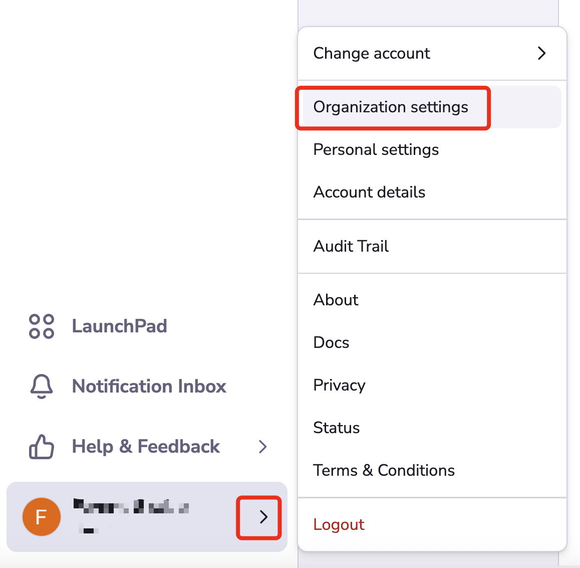 Open organization settings